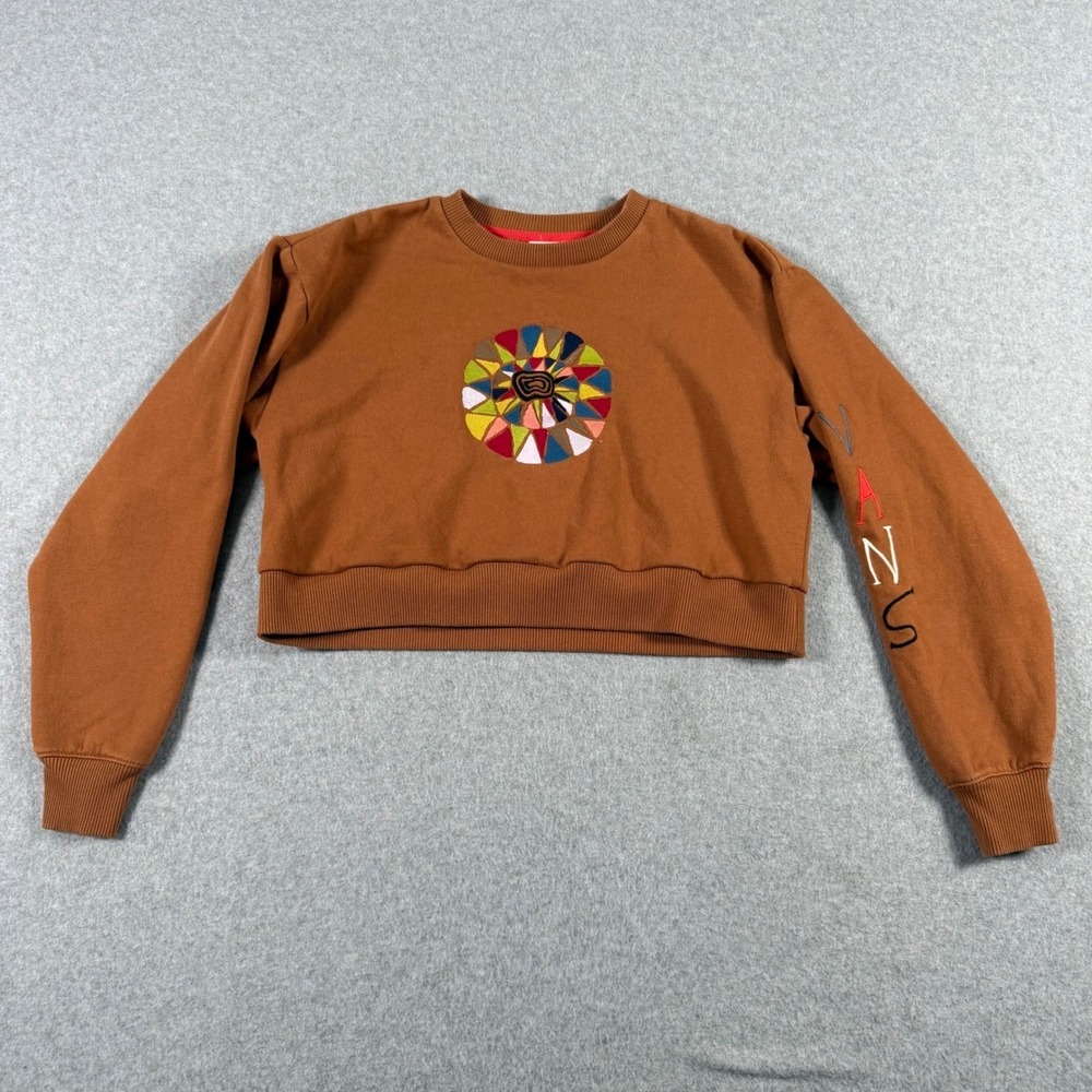 Vans Womens XS Brown Cropped Sweatshirt Embroidered Kaleidoscope Skater Grunge